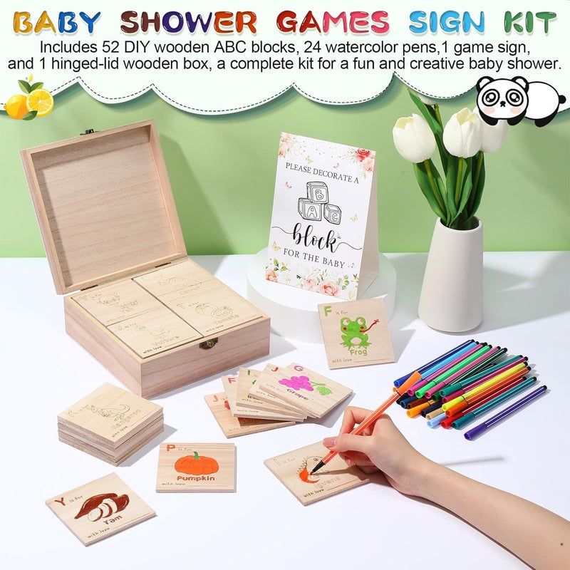Marsui 78 Pcs Baby Shower Fun Decorate a Block Game Set 52 DIY ABC Letter Blocks 24 Watercolor Pen 1 Game Sign 1 Wooden Box with Hinged Lid for Gender Reveal Baby Shower Party Supplies (Flower) - Image 5